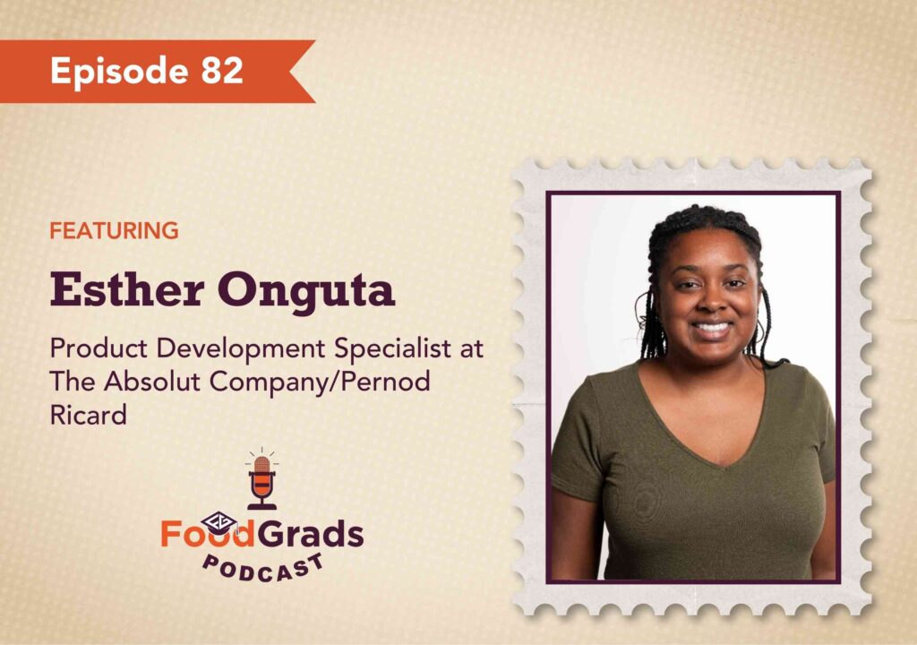 Episode 82 of That's a Food Job! podcast thumbnail featuring a headshot of Esther Onguta