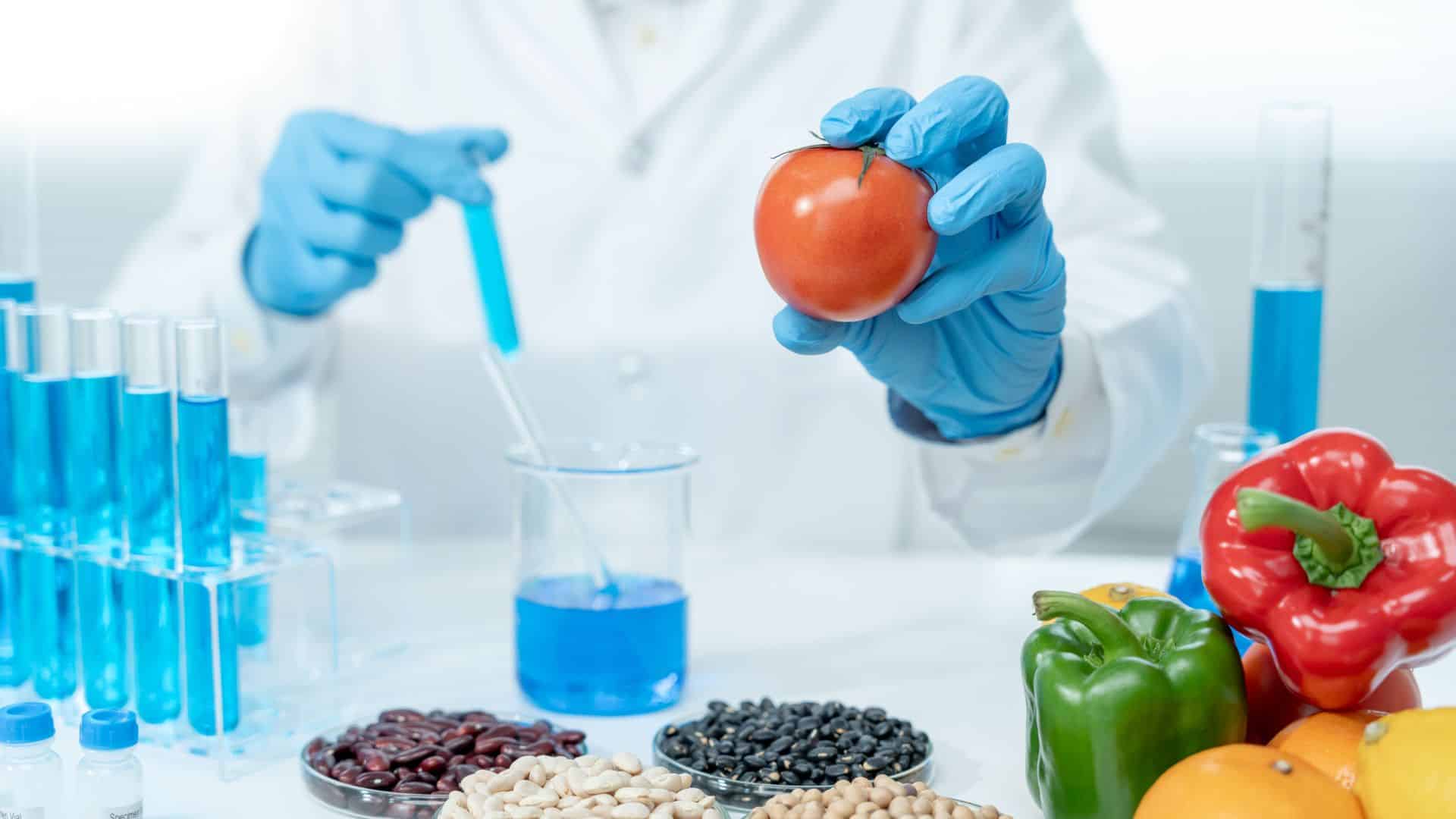 Food scientist in lab coat and gloves analyzing a tomato with laboratory glassware, test tubes filled with blue liquid, and assorted fruits, vegetables, and legumes on the table.