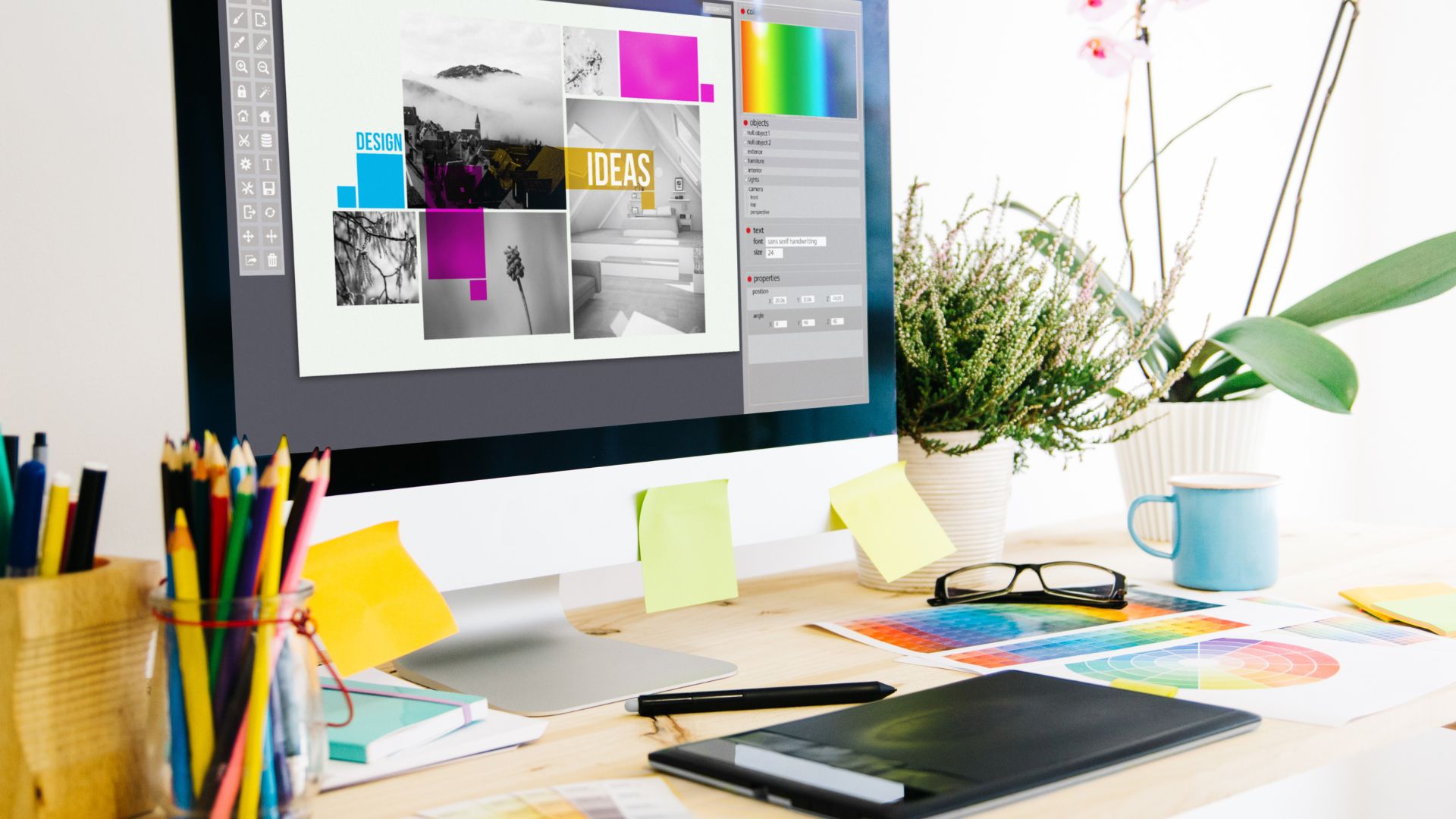 Creative workspace with a desktop screen displaying a packaging design layout, surrounded by color swatches, pencils, and branding tools—ideal for a food labeling specialist.