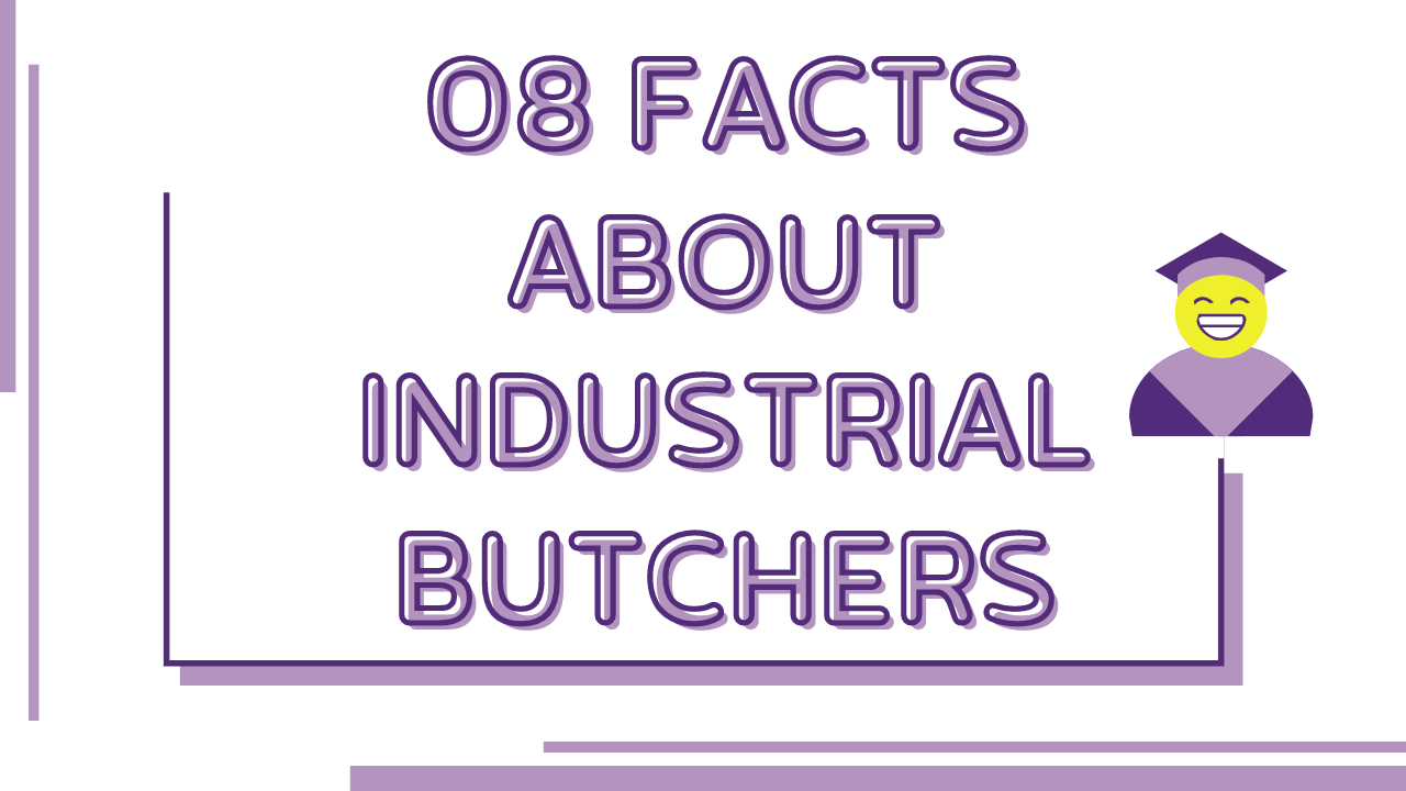 An infographic titled '8 Facts About Industrial Butchers' featuring a smiling face with a graduation cap icon