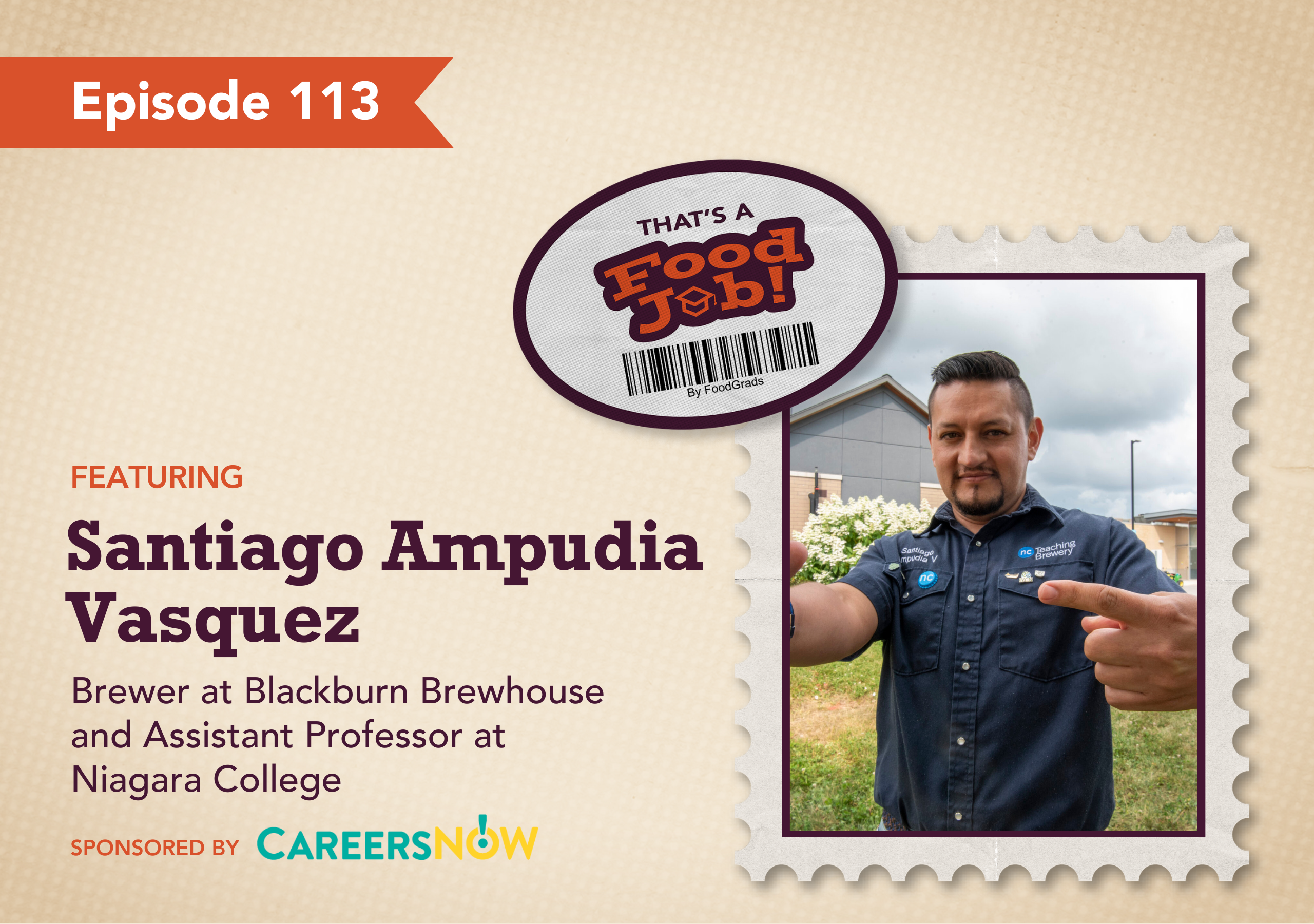 Episode 113 promotional image features a man pointing at himself, wearing a branded shirt, with a brewery in the background. Text highlights his role as a brewer and professor.
